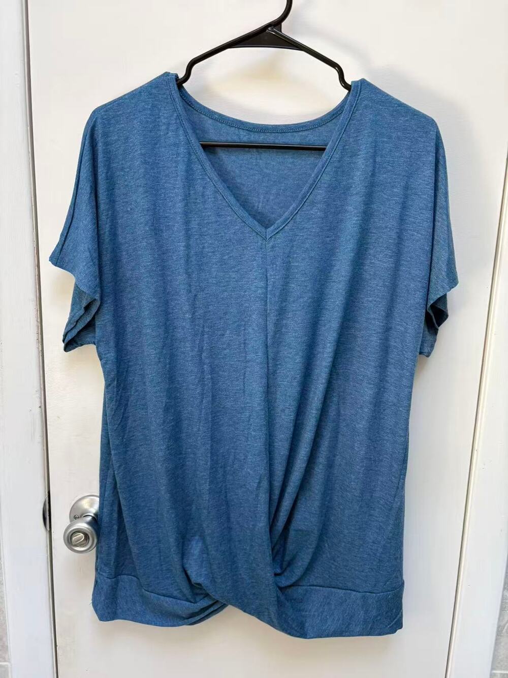 Heather Blue V-Neck Twist Front Hem Top T-Shirt Short Sleeve Blouse Casual M